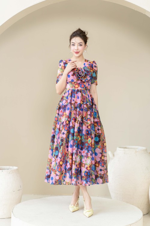 Multicolor Organza Midi Dress With Flower