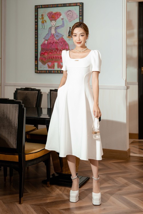 White U-neckline Midi Woven Dress