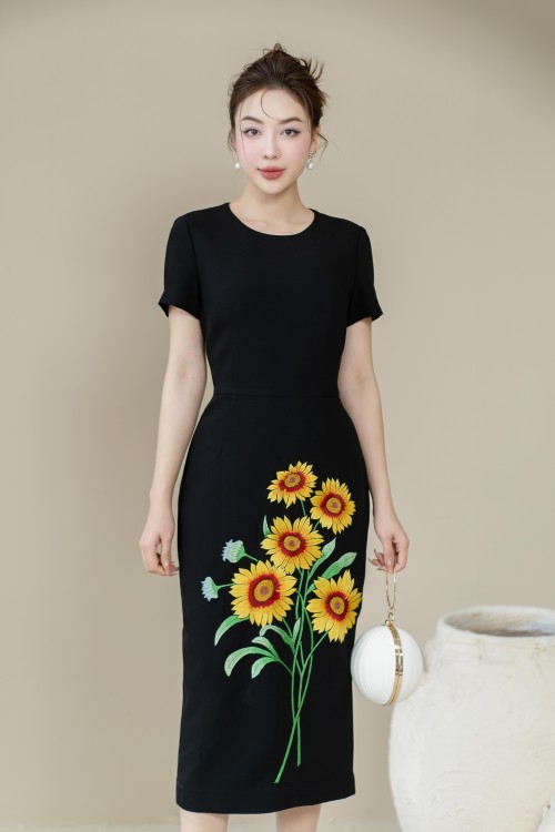 Black Midi Dress With Embroidered Flowers