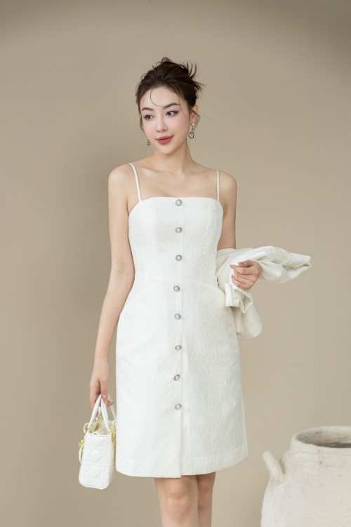 White Strappy Mini Brocade Dress