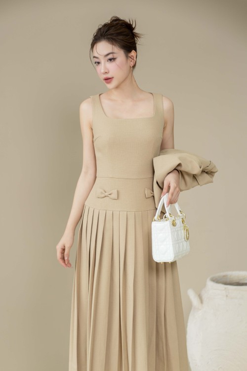 Yellowish-brown Strappy Midi Raw Dress