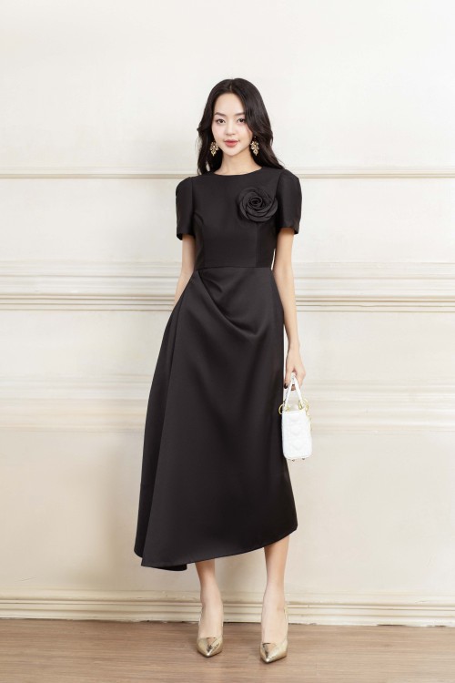 Black Asymmetrical Midi Taffeta Dress