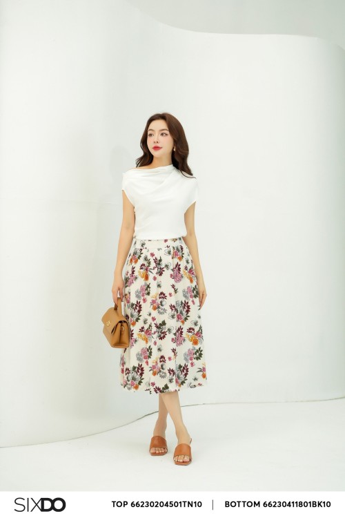 Cream Floral Midi Silk Skirt (Chân váy)