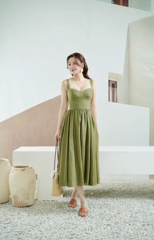 Moss Green Strappy Midi Linen Dress