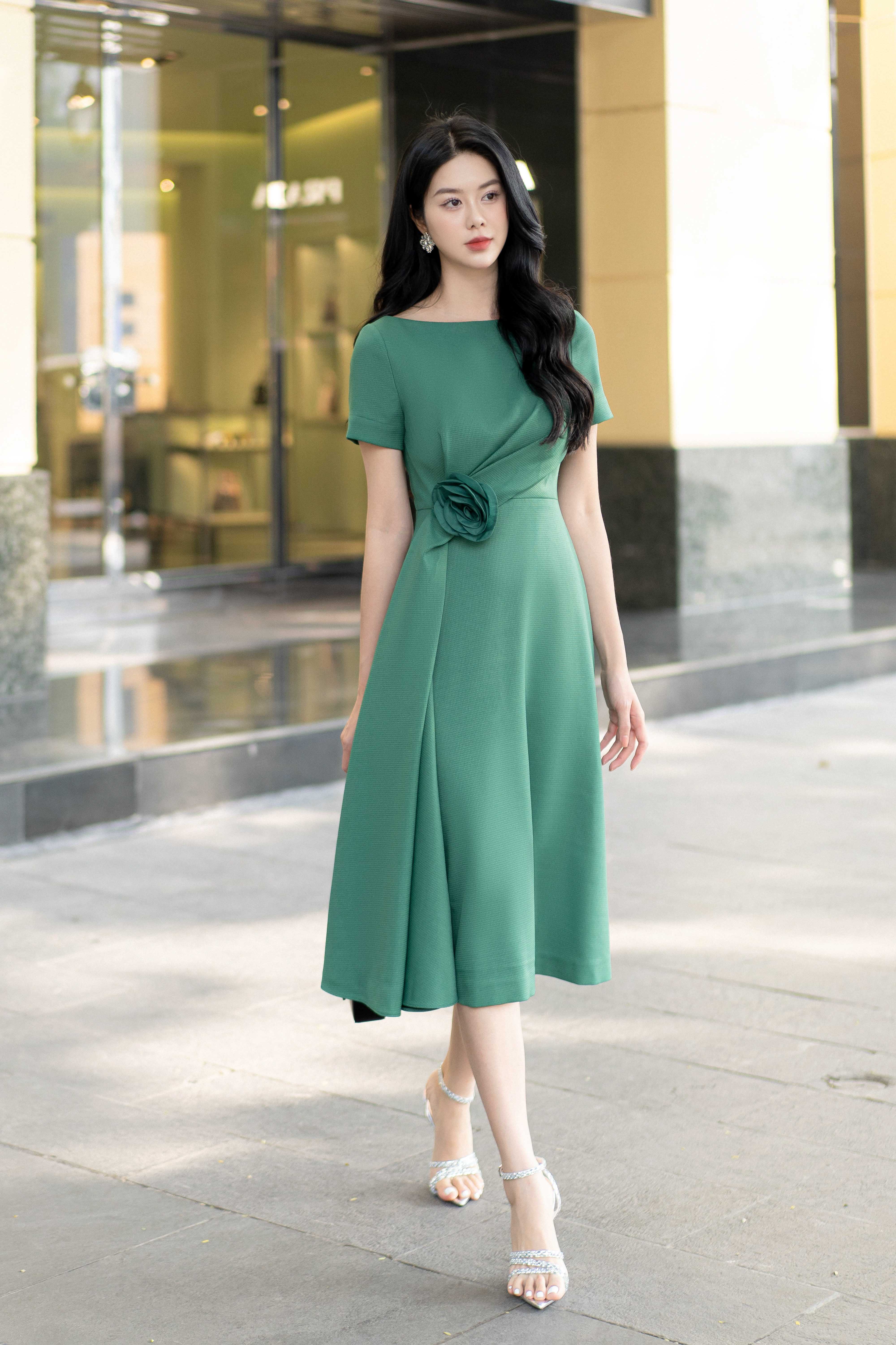 amur green pleated dress Boden Women's Zinnia Tie Ponte Midi Dress in Green main image 1