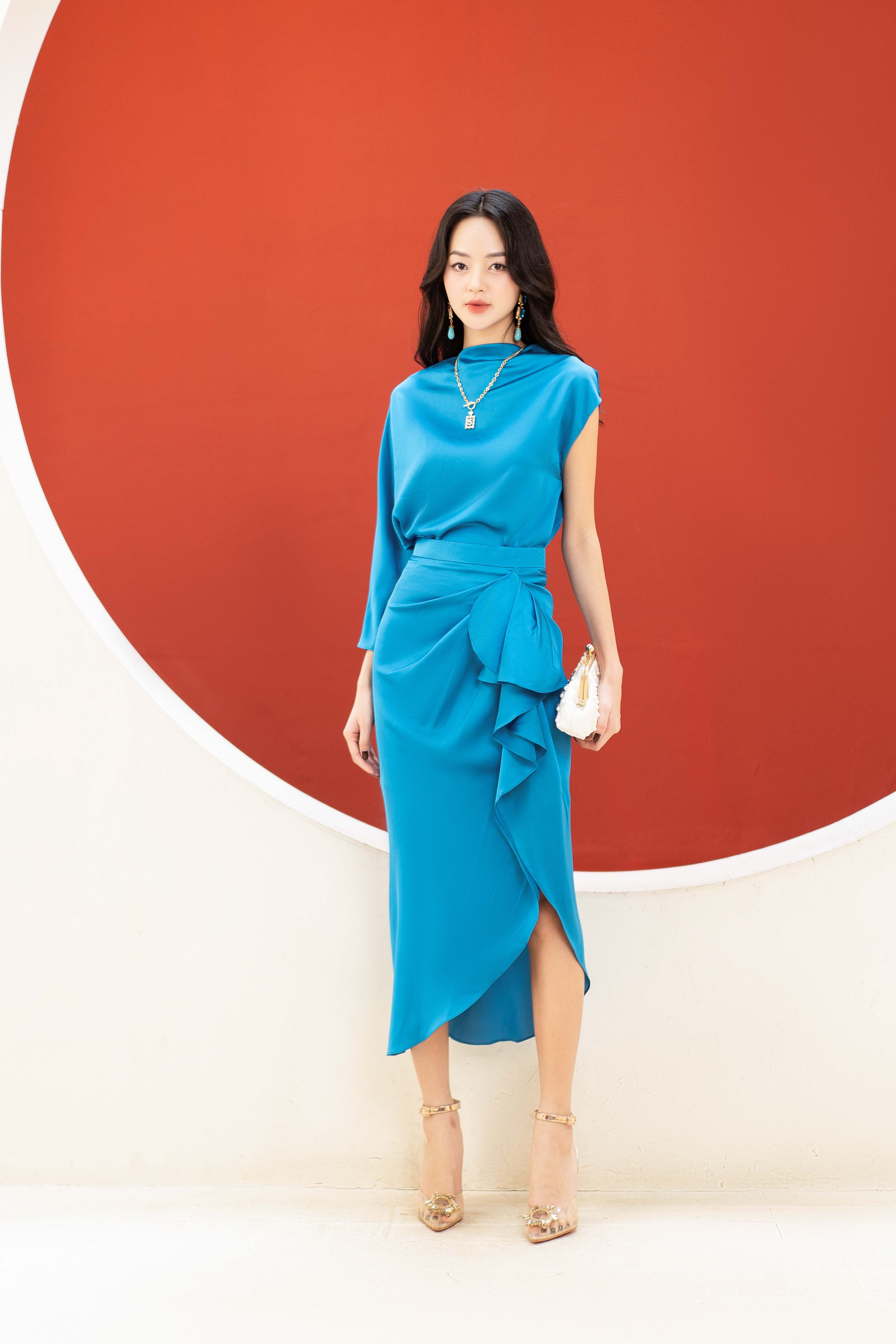 Midi dresses casual style poly hạt nổi trơn blue
