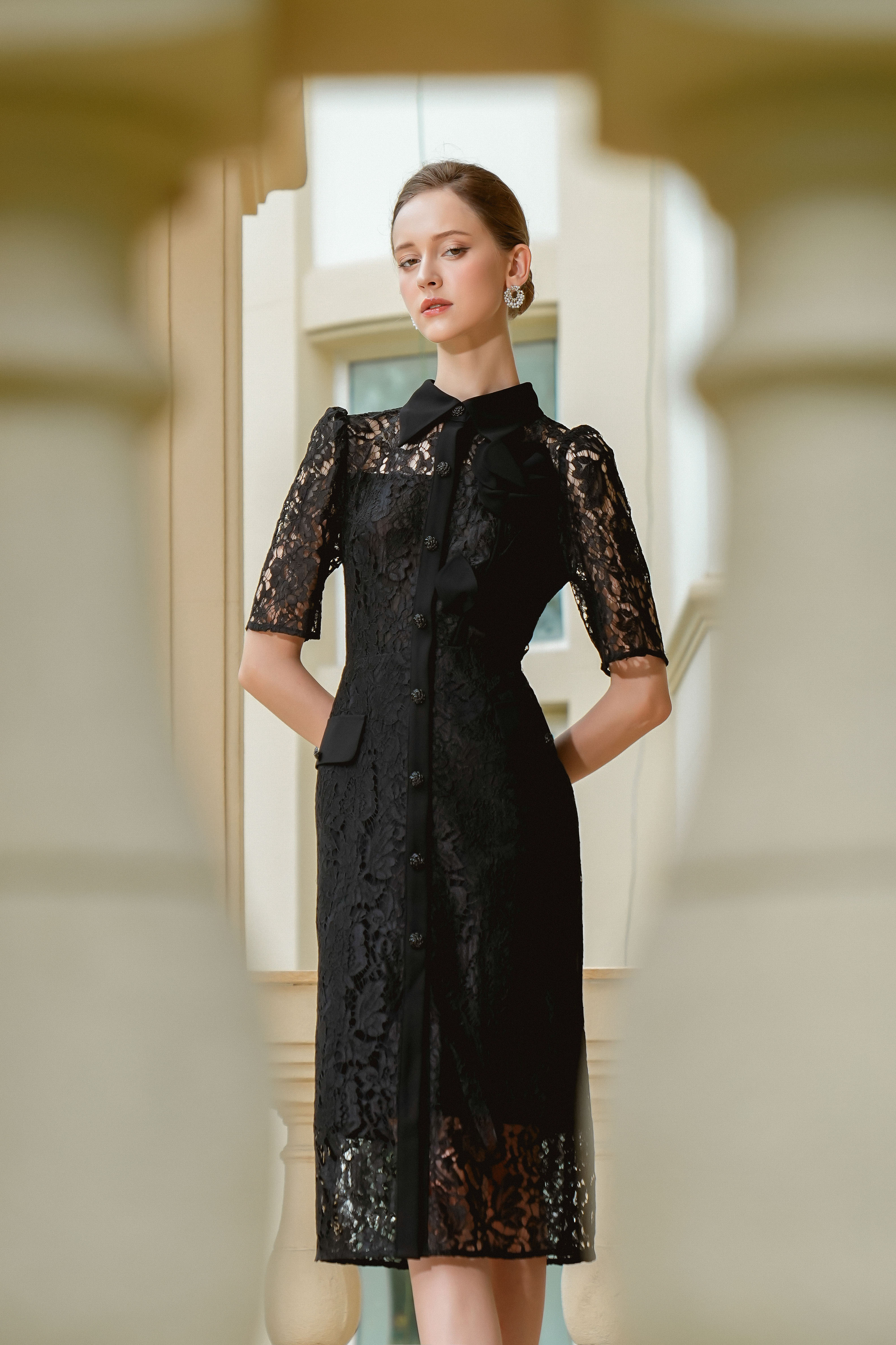 Vy m - Black 3D Flower Lace Pencil Dress Vy m - Black 3D Flower Lace Pencil Dress