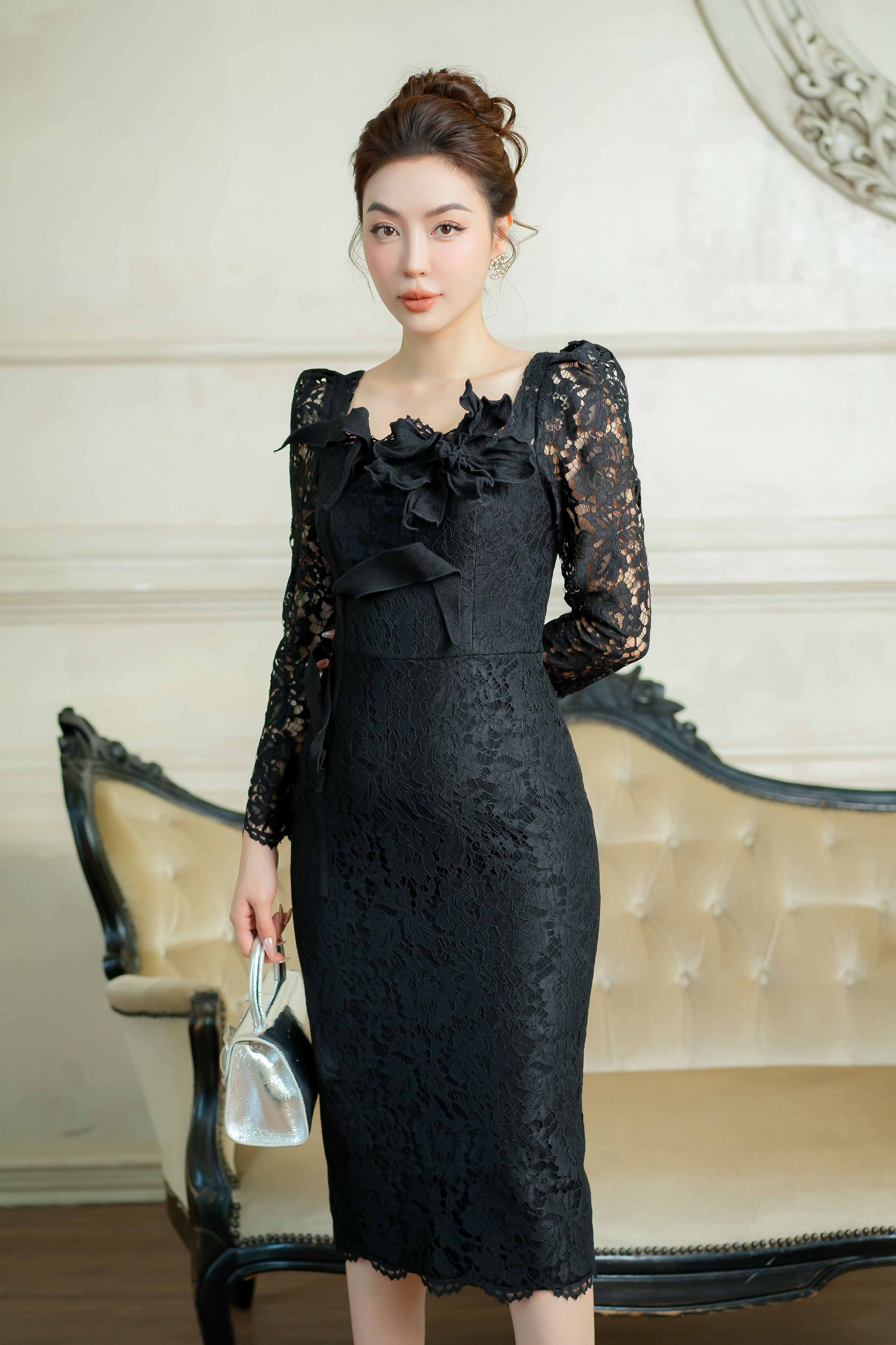 knee length dresses for ladies Rihoas Women's Lace Mermaid Slip Midi Dress, Black / XL main image 0
