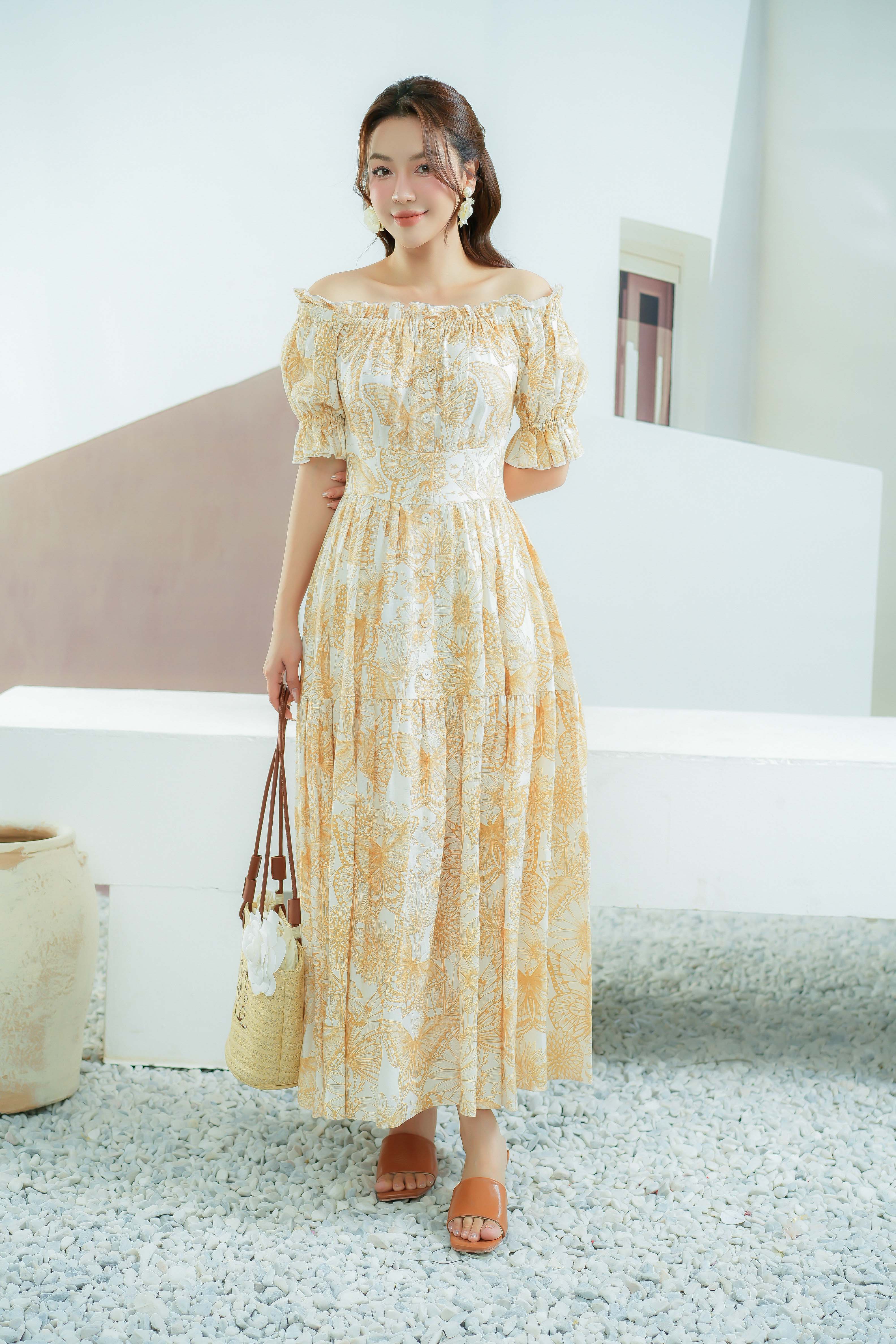 Vy m - White Floral Off-shoulder Midi Linen Dress