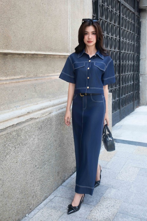 Navy Denim Flared Skirt
