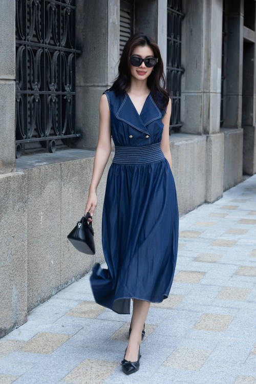 Navy Denim Flared Dress