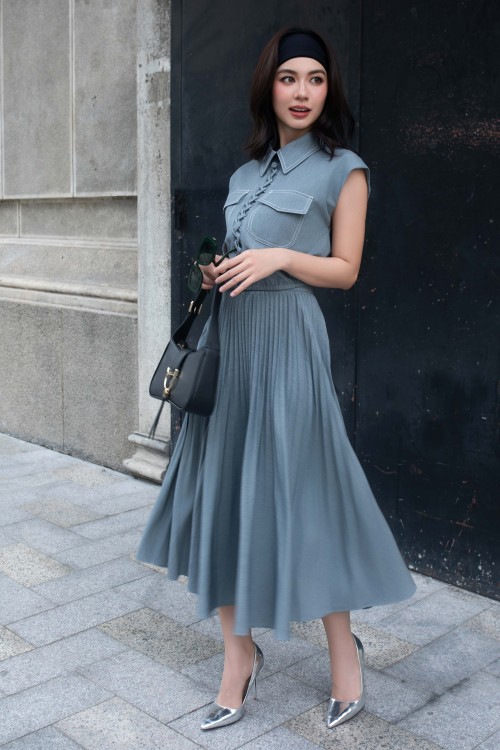 Grey Denim Flared Skirt