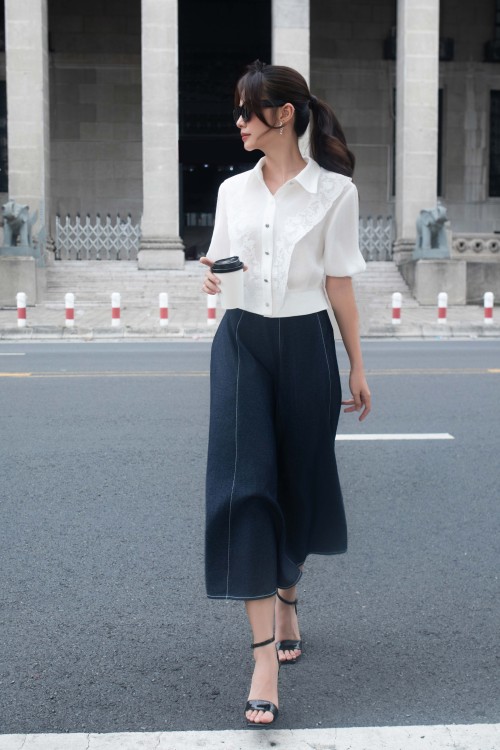 Dark Navy Denim Flared Skirt