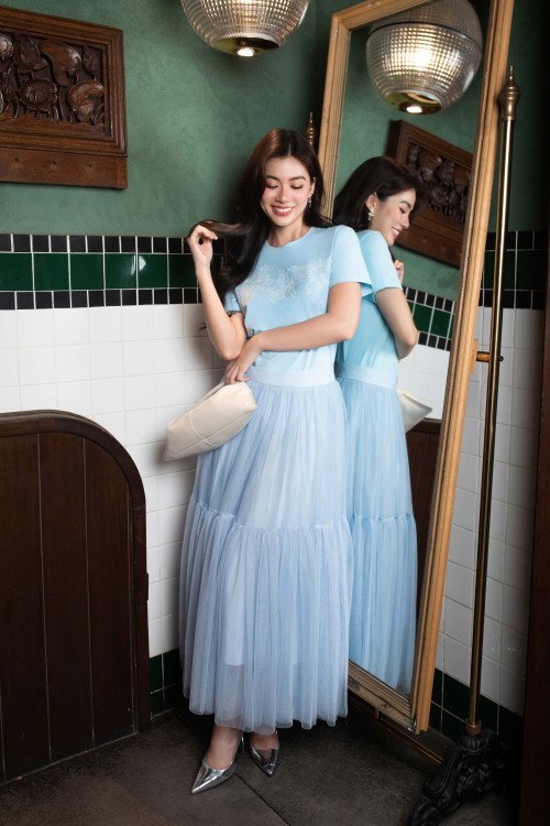 Blue Mesh Flared Skirt