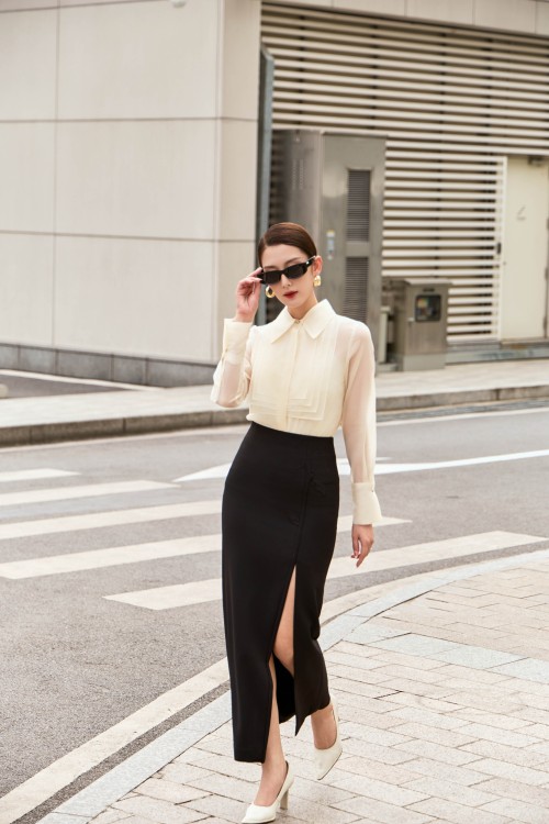 Sixdo Black Woven Pencil Skirt