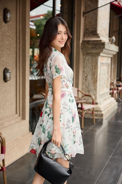 Sixdo White Organza Flared Dress