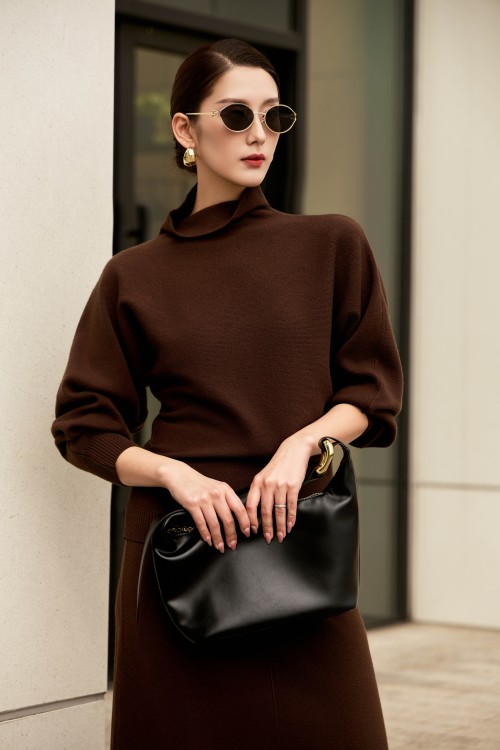 Sixdo Dark Brown Mock Neck Knit Blouse &amp; Skirt