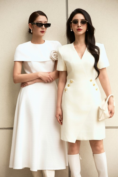 Sixdo White Tweed Flared Dress With Flower