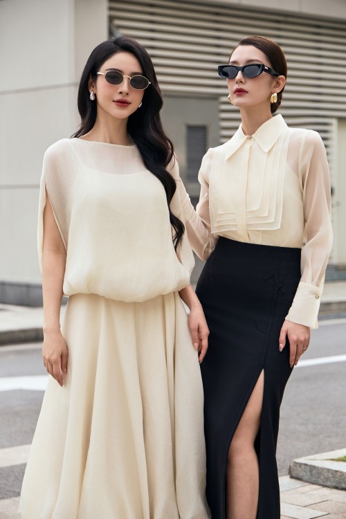 Sixdo Cream Organza Flared Skirt