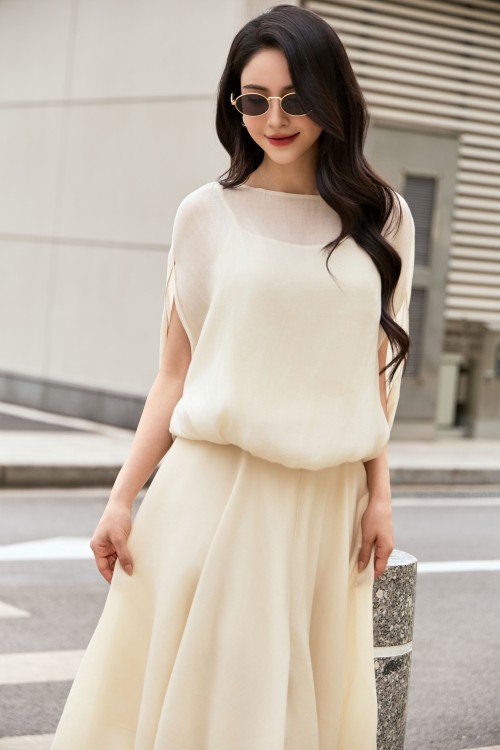 Cream Graphic Organza Blouse