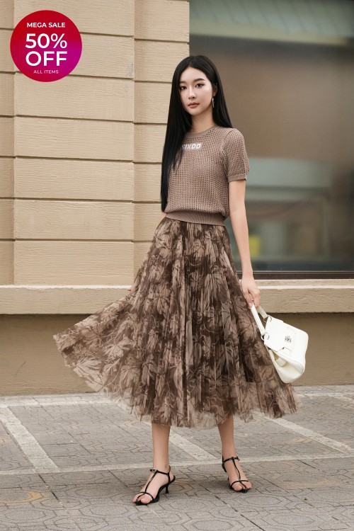 Brown Mesh Flared Skirt