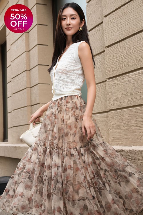 Beige Mesh Flared Skirt