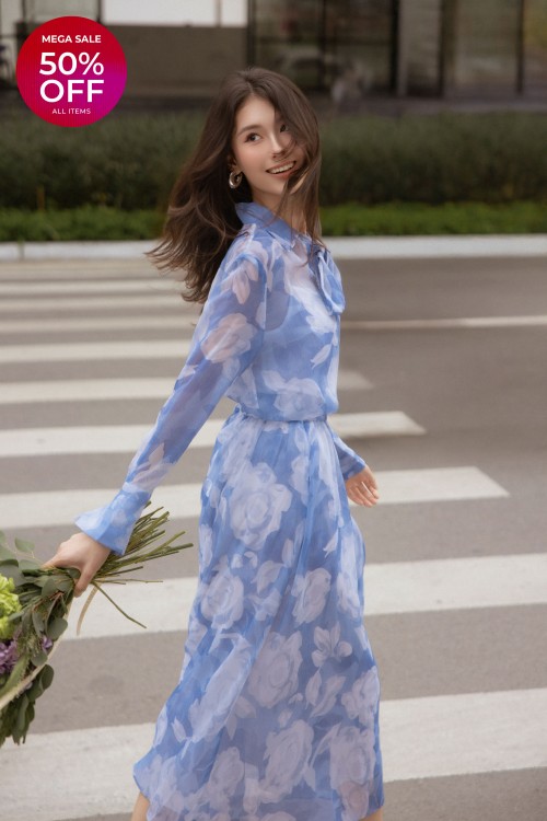 Blue Voile Flared Skirt