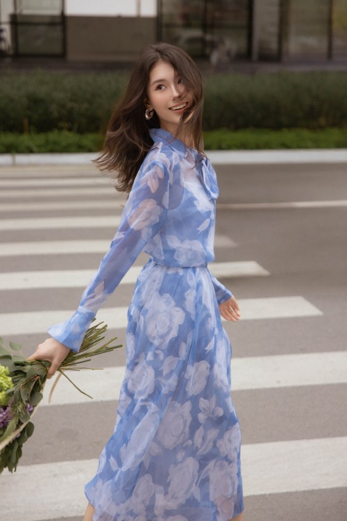 Blue Voile Flared Skirt
