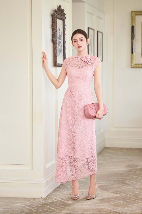 Pink Lace Sarong Dress With Flower