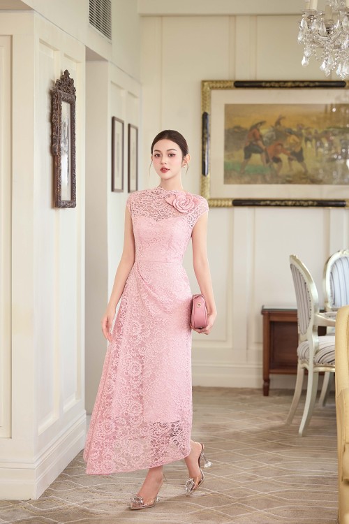 Pink Lace Sarong Dress With Flower