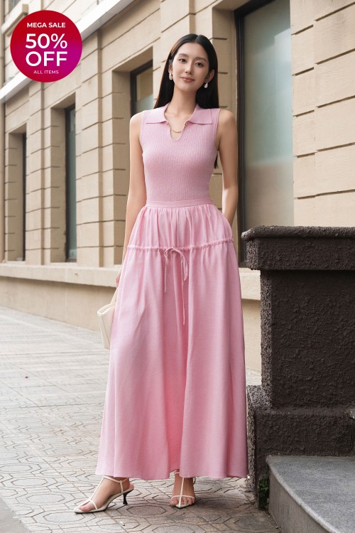 Pink Linen Flared Skirt