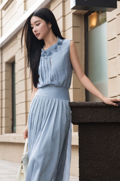 Blue - Grey 3D Flower Organza Blouse