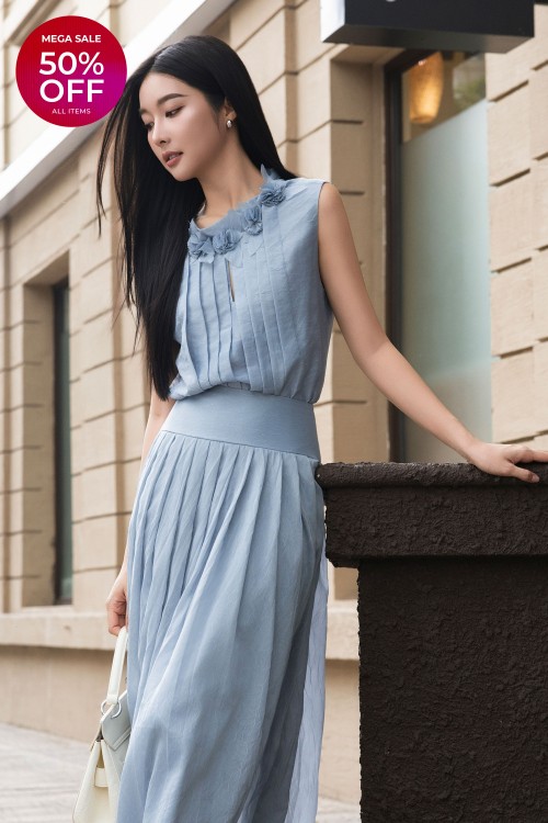 Blue - Grey 3D Flower Organza Blouse
