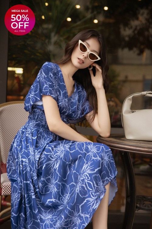 Dark Blue Silk Flared Dress