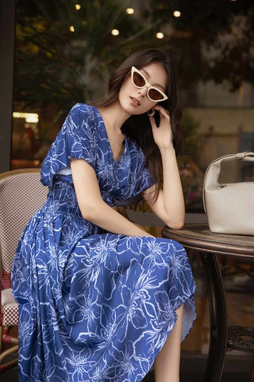 Dark Blue Silk Flared Dress