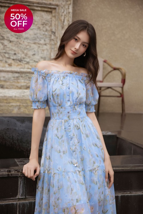 Blue Voile Flared Dress