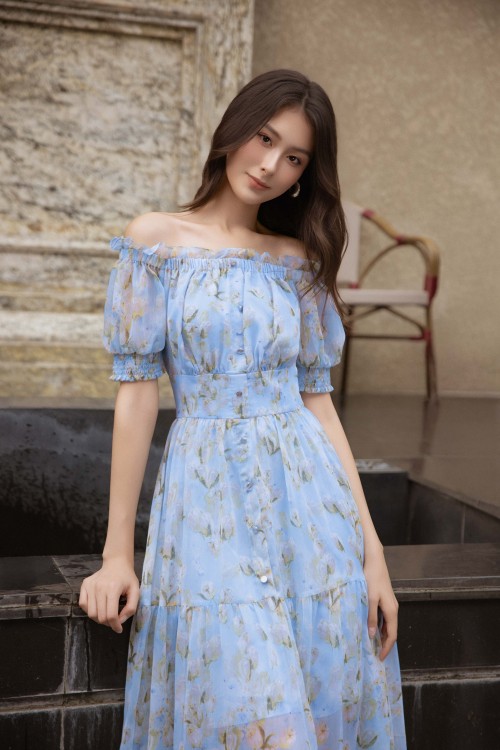 Blue Voile Flared Dress