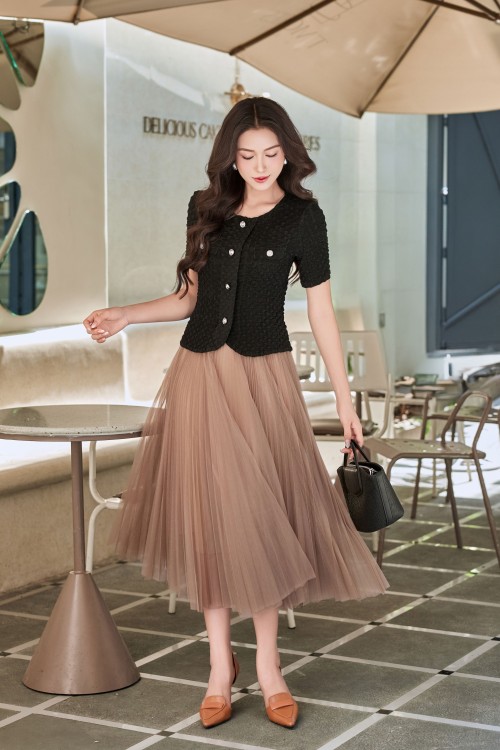 Light Brown Mesh Flared Skirt