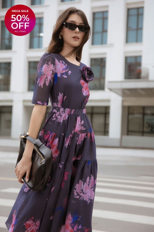 Black & Pink Organza Flared Dress With Flower