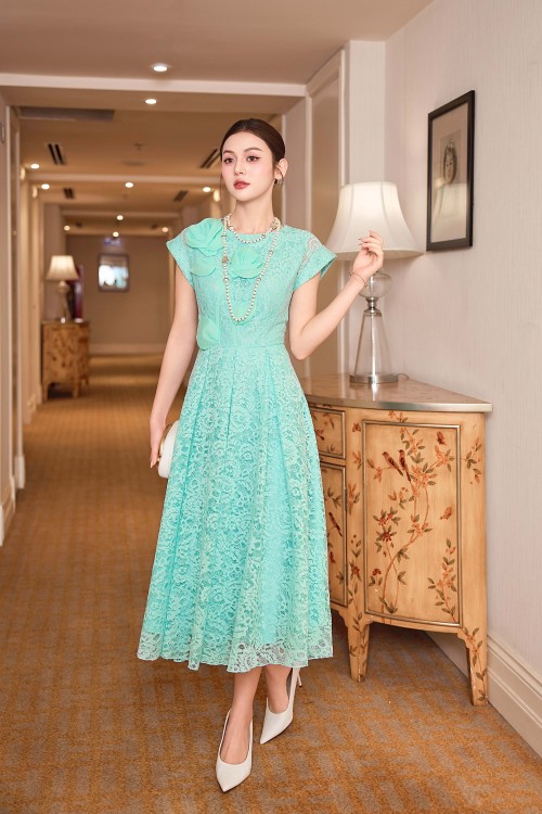 Turquoise 3D Flower Lace Flared Dress