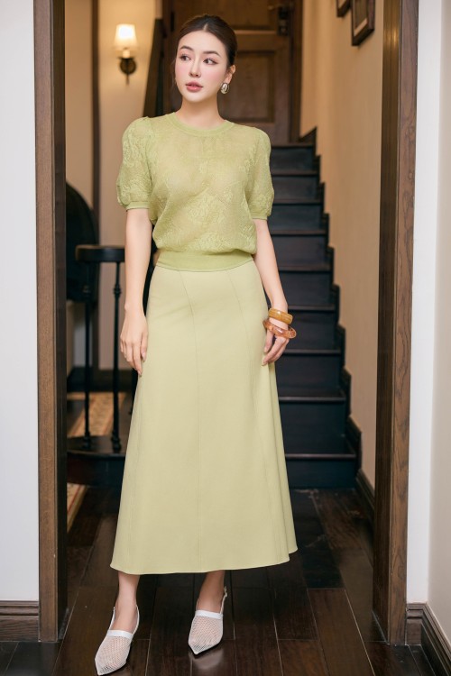 Light Green Nuggets Woven Flared Skirt
