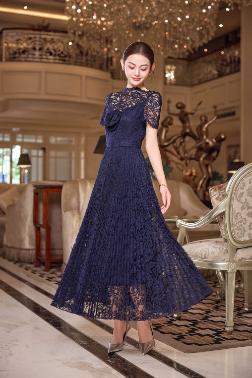 Navy Lace Flared Dress With Flower