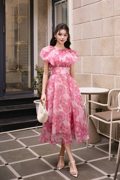 Pink Peony Organza Flared Dress