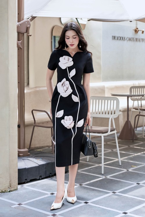 Black 3D Flower Raw Midi Dress