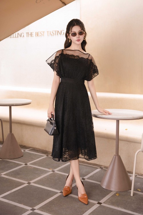 Black Lace Flared Dress