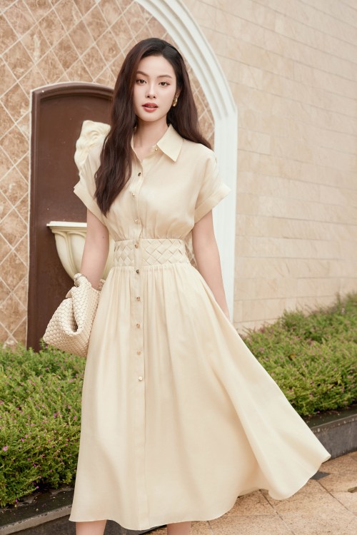 Dark Cream Organza Flared Dress