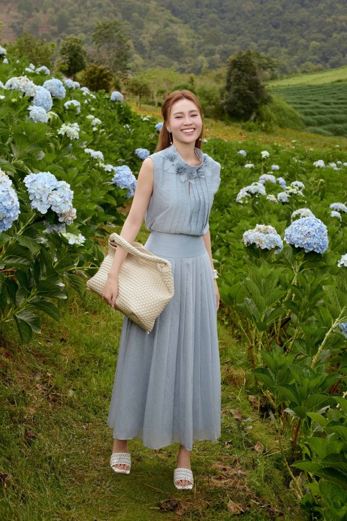 Blue - Grey Organza Flared Skirt