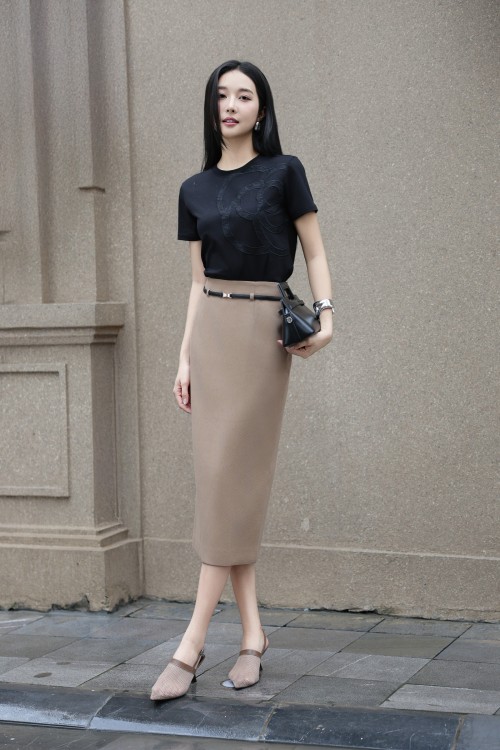 Brown Raw Pencil Skirt