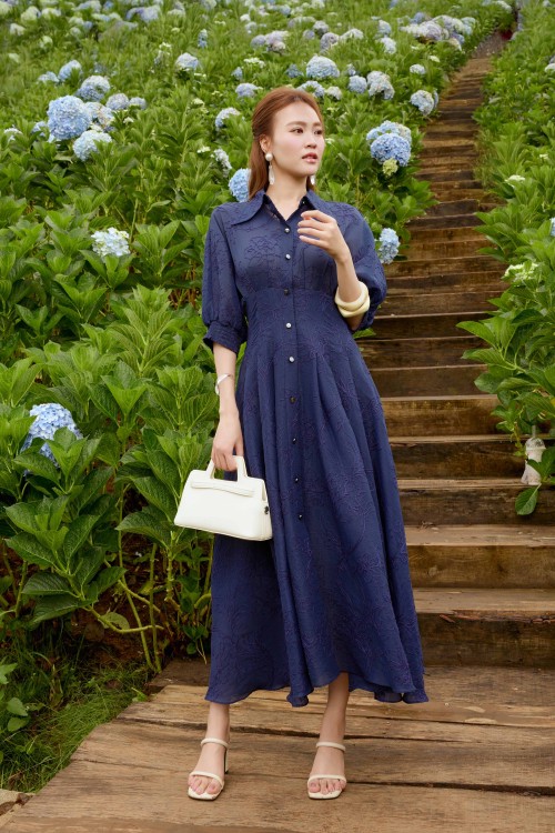 Dark Navy Organza Flared Dress
