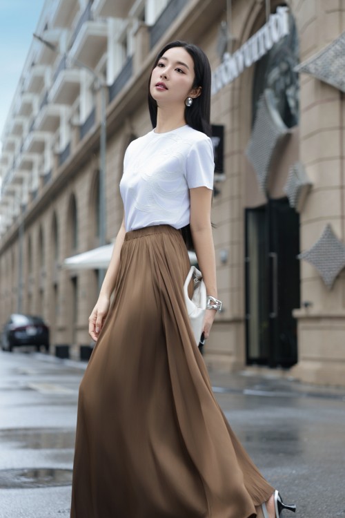 Brown Silk Flared Skirt